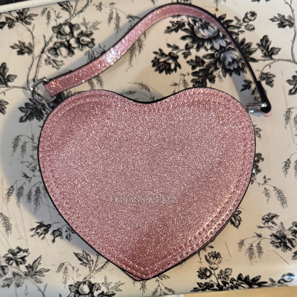Pink Heart-Shaped Glitter Wristlet Bag